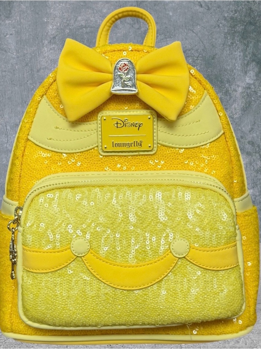 Loungefly Yellow Sequin Beauty & the Beast Backpack with Bow and Rose Bell Charm